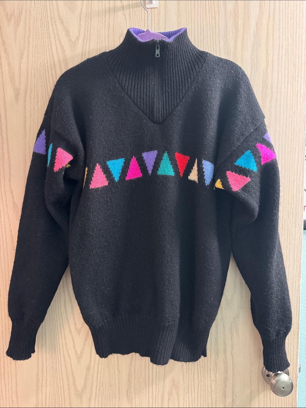 Y2k vintage ski Mock Neck Sweater with Multicolor Triangle Pattern